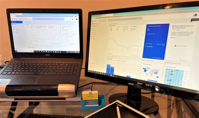 Computer screens showing Universal Analytics and Google Analytics 4