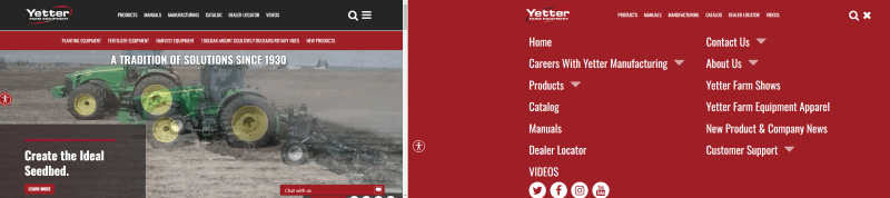 Closeup of hamburger menu on the Yetter Farm Equipment website