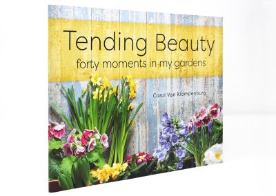 Tending Beauty book photo, showing the title on a yellow bar at the top and beautiful flowers at the bottom