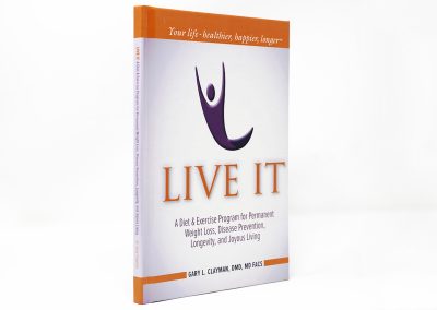 Live It book photo, showing an active, abstract purple person on a white background with the title in orange underneath it