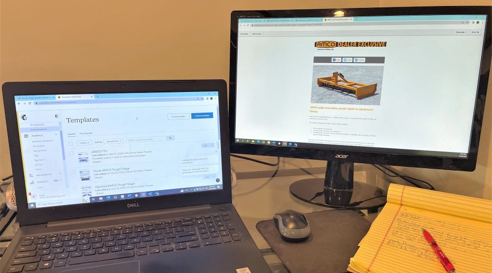 Two computer monitors showing an AMCO e-newsletter being built on MailChimp