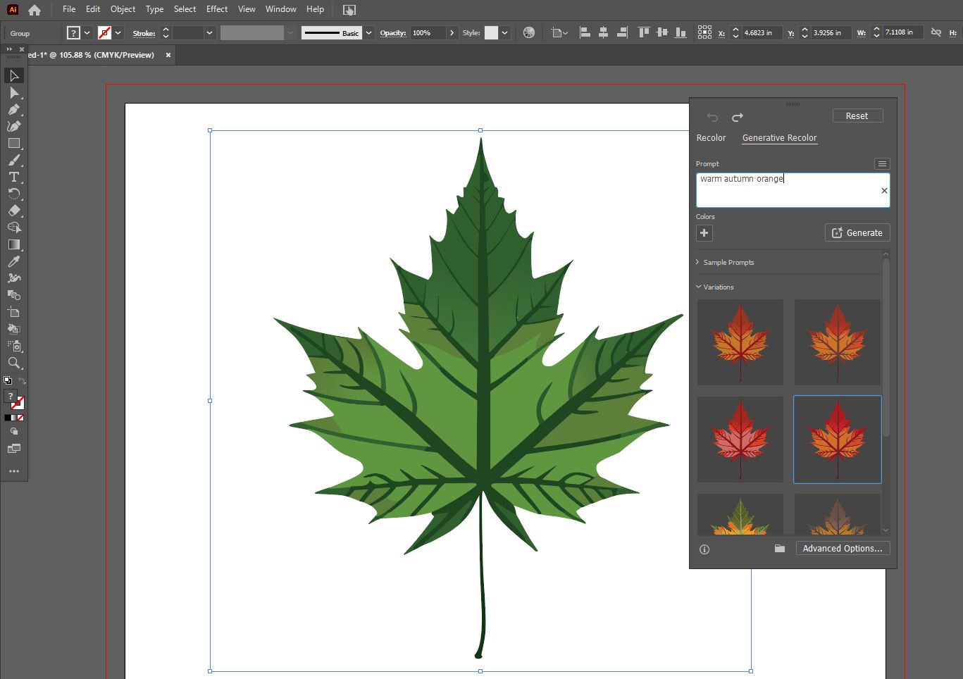 Screenshot of Generative Color tool in Illustrator recoloring maple leaf