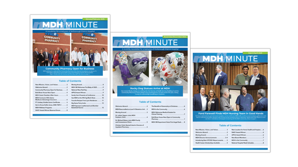 Three copies of the MDH Minute employee newsletter